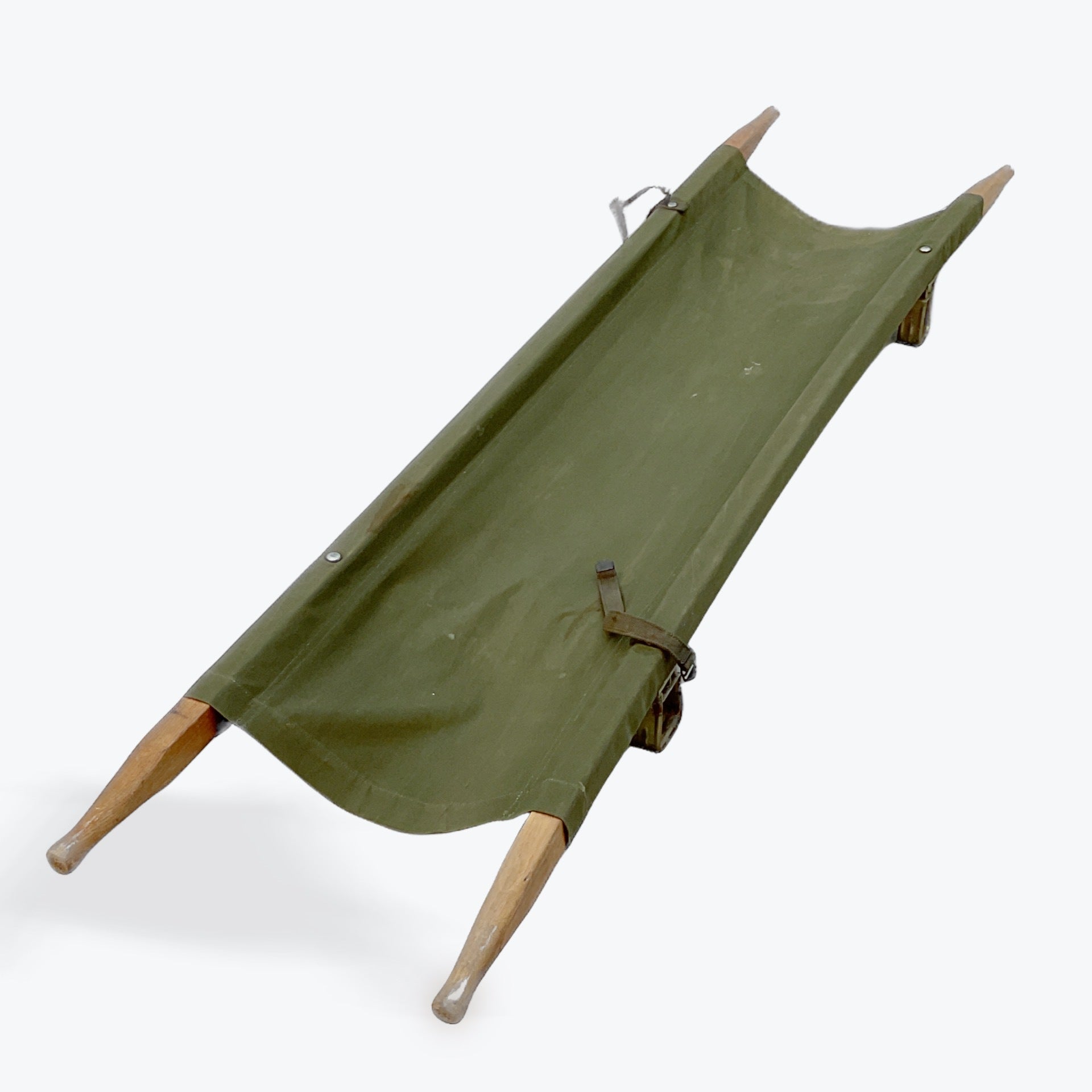 1960 s U.S. MILITARY FOLDING STRETCHER WITH WOOD HANDLES VINTAGE